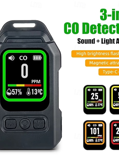  fire-i-en gassdetektor, utendørs alarm for oksygen- og karbondioksidkonsentrasjon i luften, ultralang standby-temperatur- og fuktighetsdetektor