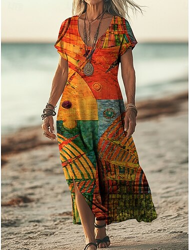  Per donna Abito lungo maxi Abito Boho Vestito Casual Abito a trapezio Abito Stampato Vintage All'aperto Vacanza Weekend Vestibilità comoda Blocco di colori Manica Corta Scollo a V Arcobaleno Estate