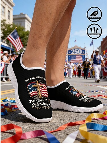  Schwarze, patriotische Herren-Sneaker zum Hineinschlüpfen – leichte, atmungsaktive Schuhe mit amerikanischer Flagge und 250-jährigem Grafikdesign für Freizeit, Feiertage, Reisen und