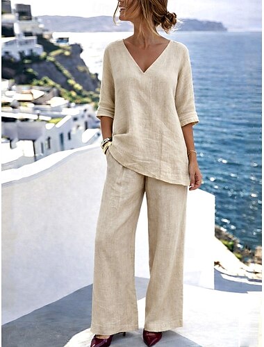  Dames Broeken Sets Imitatie katoenlinnen 3/4 mouw V-hals Effen Kleur Modieus Streetwear Casual Dagelijks Buiten Beige Zomer Ruim Passend
