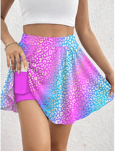  Damen Urlaubsrock Tennissrock Elegant Mode Hawaiianisch Strandbekleidung Mini Hohe Taille Röcke Grafik Leopard Dehnbar Täglich Strand Blau Amethyst Grün Sommer 95 % Polyester, 5 % Elastan