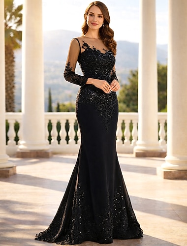  בתולת ים  חצוצרה שובל סוויפ בראש שמלות נשף שמלות ערב שמלת נשף לבוש רשמי מדבקות עם נצנצים נוצץ וזוהר סקסי שרוול ארוך אשליה נשף רקודים קרנבל תחרה עם אפליקציות