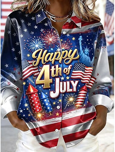  Dia da Independência Americana Mulheres Camisa Social Blusa de cetim camisa de botão Camisa casual Imprimir Gráfico Bandeira Clássico Casual Manga Longa Colarinho de Camisa Tops regulares Diário