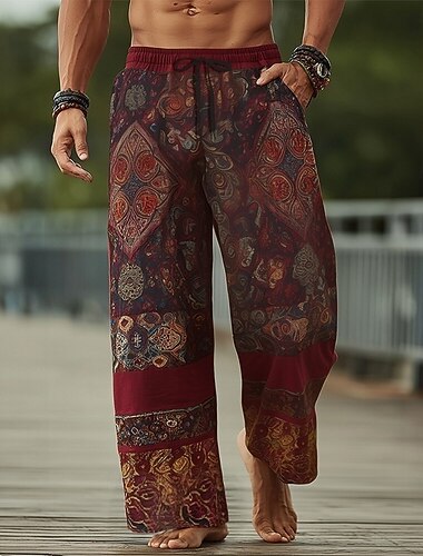  Męskie W Tureckie Wzory Kwiatowy wzór Etnické Spodnie Spodnie codzienne Luźne spodnie Średni Talia Vintage Retro Dom Na zewnątrz Urlop Elastyczny pas ściągany sznurkiem Spodnie lniane z kieszeniami