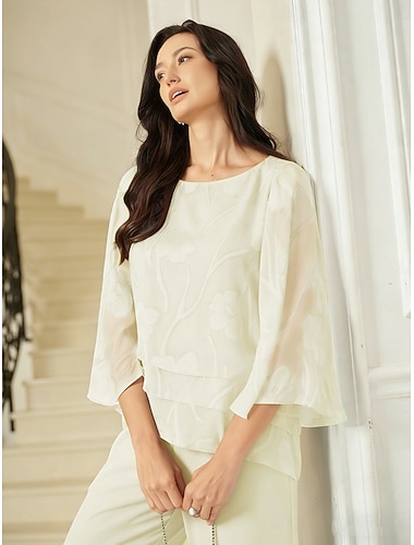  Femmes Tunique Chemisier Hauts en dentelle Dentelle Ourlet asymétrique Fleuri Élégant Manche 3/4 Manche cloche Col ras du cou Hauts Réguliers Quotidien robe demoiselle d honneur Beige Été Printemps
