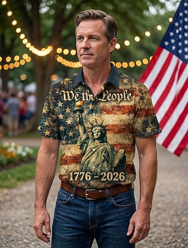  Bluse / Skjorte Uavhengighetsdagen Retro / vintage 1970erne Korte ermer til Herre Voksne Andre utskrifter for 4. juli Fest Uavhengighetsdagen