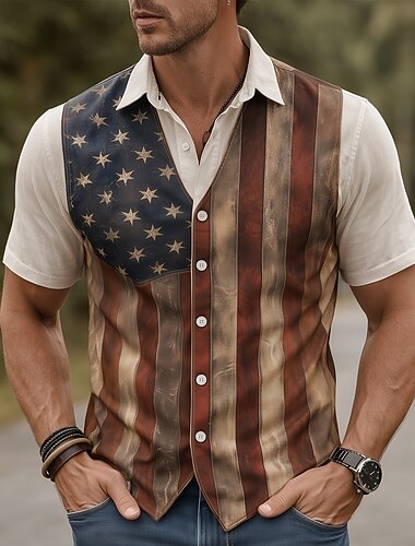  Homme 4 juillet, 250e anniversaire des États-Unis Drapeau américain Faux gilet 2 en 1 Chemise Chemise Western Chemise Boutonnée Manche Courte Patriotique Fête Été Printemps Col Rabattu Impression 3D