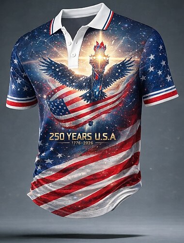  4 يوليو 2026، الذكرى 250 رجالي العلم الأمريكي قمصان البولو كم قصير قمصان البولو Lapel كاجوال ملابس الرياضة مناسب للبس اليومي ملابس المهرجان طباعة ثلاثية الأبعاد Buttons الصيف الربيع أزرق أحمر رمادي