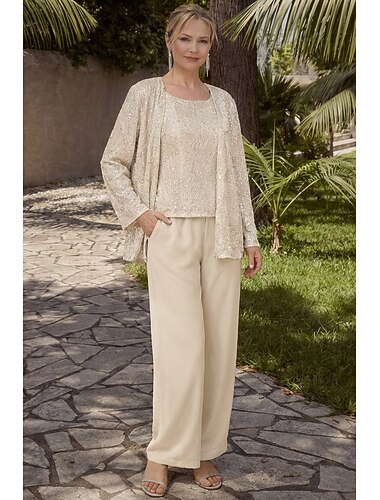  Broek 3-delig pak Tot de grond Moeder van de bruid jurk Mouwloos Ronde hals Elegant Bruiloft gast Chiffon Kant Wrap inbegrepen met Pailletten