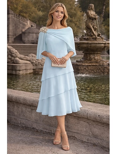  A-linje Te-lengde Gjestekjole til bryllup Kjole til brudens mor Halvlange ermer Båthals Elegant Formell Bryllupsgjest Familiefest Chiffon Innpakking inkludert med Perlearbeid Drapert