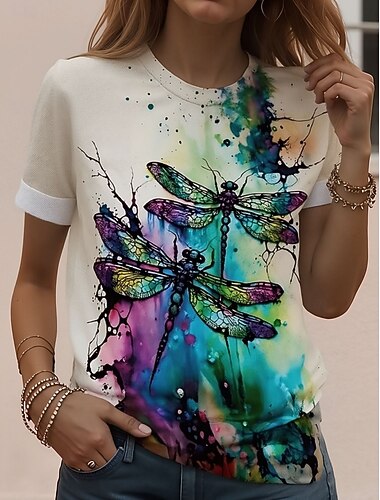  Pentru femei Tricou Imprimeu Grafic Animal Scrisă Epocă Stilat Clasic Manșon scurt Stil Nautic Rotund Topuri obișnuite Zilnic Sfârșit de săptămână Alb Curcubeu Gri Vară Primăvară