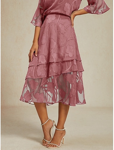  Femmes Jupe en dentelle Élégant Midi Taille Moyenne Jupes Fleuri Superposé Ceinture Élastique Dentelle illusion Non Elastique Quotidien Saint-Valentin Rose poussiéreuse Été Polyester