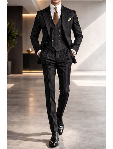  Pour des hommes Costumes Mariage Bleu Noir Printemps, Automne, Hiver, Été Costume / Tailleur En Pointe Rayé Coupe sur mesure 3 pièces Simple Boutonnage Deux Boutons