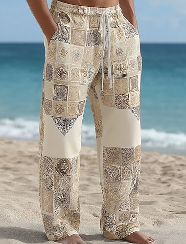  Herren Farbblock Patchwork Komplizierte Blumen Hose Freizeithose Baggy-Hosen Mittlere Taille Boho Heim Outdoor Urlaub Elastischer Kordelzug in der Taille Leinenähnliche Hose mit Taschen Sommer