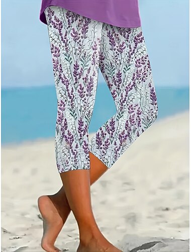  Per donna Chinos Leggings Vacanza Streetwear Casual Capri Vita Alta Floreale Grafico Stampa Comodità Morbido Confortevole Elasticizzato Quotidiano All'aperto Vacanza Viola Estate Primavera Autunno