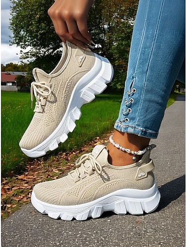  נעלי הליכה נושמות בצבע חאקי לנשים - סניקרס קלות ונוחות עם שרוכים לנסיעות וללבוש יומיומי