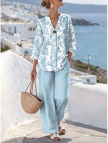  Damskie Zestawy dwuczęściowe Zestawy spodni Rękaw 3/4 W serek Kwiaty Graficzny Nadruk Codzienny Elegancki Codzienny Urlop Niebieski Rumiany róż Zielony Lato Regularny