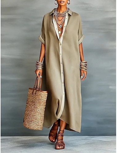  בגדי ריקוד נשים שמלת מקסי שמלת חולצה אלגנטית יום יומי מפלגה מונח בצורה רפויה אחיד שרוולים קצרים צווארון חולצה פול שחור ורוד מסמיק תלתן קיץ אביב