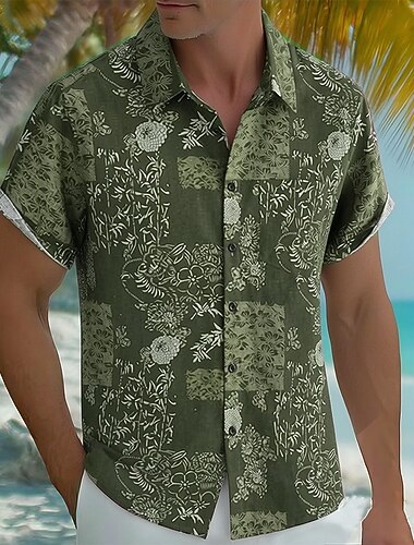  Herre Planter Blomstermønster Tropiske blomster Skjorte Hawaiiskjorter Aloha skjorte Kortermet Hawaiisk Feriereise Ferie Sommer Aftæpning 3D-utskrift Front One Lomme Lin som skjorte Blå Brun Grønn