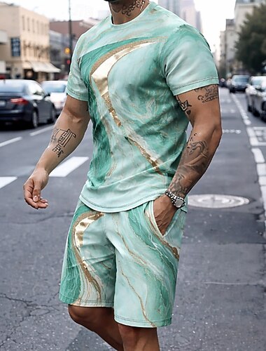  Miesten Geometrinen Marmori 2kpl T-paidat setit Kesän yläosat Lyhythihainen Lyhyet housut Tiukka pyöreä kaula-aukko Vapaa-aika muodikas Päivittäin Loma Bile 3D-tulostus Kesä Sininen Purppura Apila