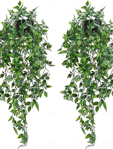  2 kpl tekokuorikasveja, keinotekoisia ruukkukasveja sisä- ja ulkokäyttöön, esteettistä toimiston ja olohuoneen hyllyn sisustusta, tekokuoriköynnöskasvien vihreyttä, keinotekoisia roikkuvia kasveja