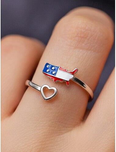  Damesring van legering met patriottisch open ontwerp, verstelbare vingerring met hartvormige afbeelding van de Amerikaanse kaart, perfect voor de viering van 250 jaar Amerika, Onafhankelijkheidsdag en dagelijks gebruik.
