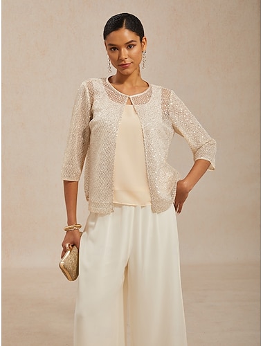  Dames Overhemd Singlet Tweelingset Veters Pailletten Netstof Elegant 3/4 mouw Strakke ronde hals Bruiloft gast Cocktail kledij Champagne Zomer Lente Herfst