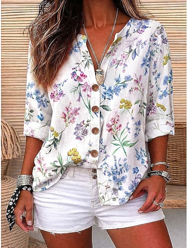  Dámské Košile Tunika Letní vrcholy Knoflíky Květinový Grafika prázdniny Denní Dlouhý rukáv Do V Běžné topy Denní Dovolená Jdeme ven Vodní modrá Fialová Trávová zelená Léto Jaro