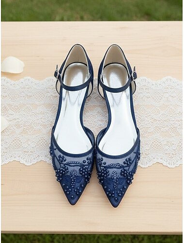  Dame marineblå nettingbroderte flate sko med spiss tå og ankelstropp, elegante sko til brudens mor til hagebryllup, komfortable flate sko til utendørs seremoni