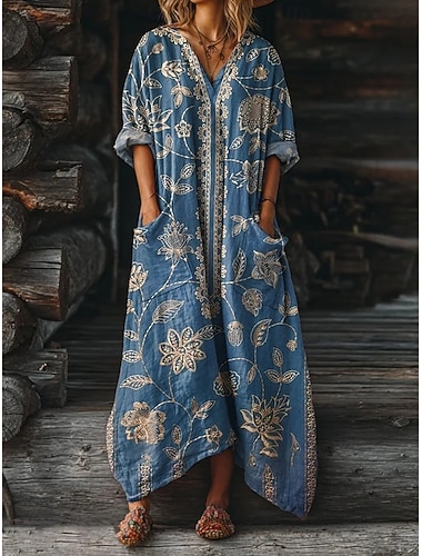  Per donna Abito maxi Abito Boho Vestito Casual Abito Stampato Vintage All'aperto Vacanza Weekend Vestibilità comoda Floreale Grafico Manica Lunga Scollo a V Blu Vino Viola Verde Estate Primavera