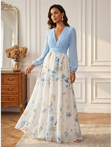  Damen Langes Kleid Maxikleid Freizeitkleid Chiffonkleid Blumenkleid Elegant Mode Romantisch Outdoor Ferien Date Normale Passform Blume Langarm V Ausschnitt Blau Weiß Sommer Frühling