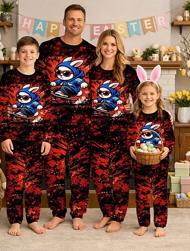  Familie-look Pasen Pyjama  Grafisch konijn Casual Afdrukken Wit Donker Rood Rood Lange mouw Vakantie Bijpassende outfits