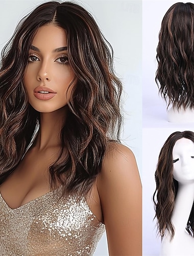  Peruca castanha escura com mechas, comprimento médio, repartição ao meio, cabelo sintético, mechas onduladas, cabelo natural, para uso diário ou festas, peruca colorida com mechas.