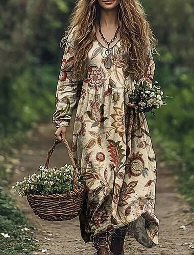 abito boho da donna abito lungo con scollo a V floreale abito vintage abito stampato moda moderno estate primavera