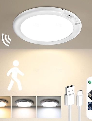  Plafonnier magnétique sans fil à détecteur de mouvement rechargeable avec télécommande - Fonctionne sur piles - Idéal pour placard, douche, escaliers, abri de jardin, couloir, etc.