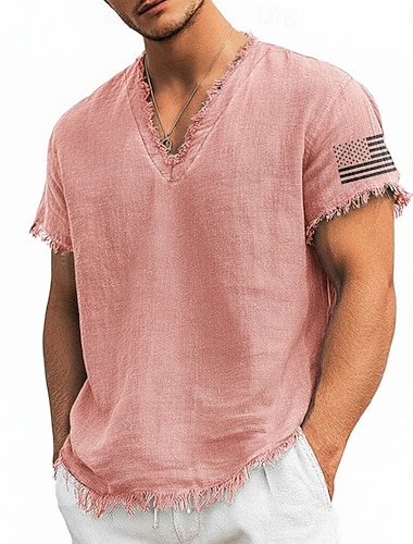  Herre T-skjorte med amerikansk flagg-ermer, trykt i lin-bomull, V-hals, sommerlig USA-patriotisk strand-T-skjorte, frynsete, myk, motedesignertopp, S-3XL