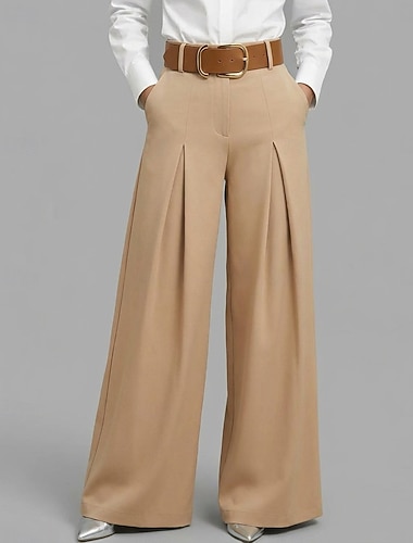  Damen Weites Bein Elegant Stilvoll Arbeit Volle Länge Hohe Taille Einfach Mikroelastisch Täglich Streetwear Büro Schwarz Khaki Frühling Lässiger Schnitt
