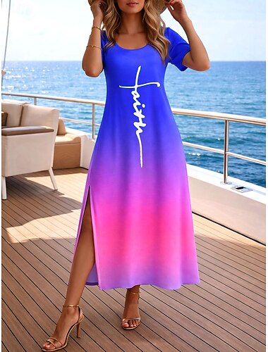  Mujer Vestido maxi Vestido estilo camiseta Vestido de una línea Vestido de verano Vacaciones Casual Playa Noche Ajuste regular Ombre Graphic Abstracto Manga Corta Cuello redondo Azul Piscina Morado