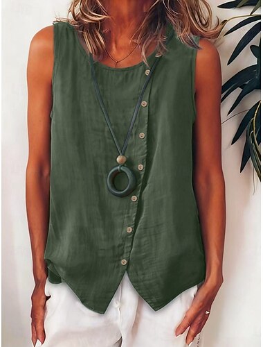  Damen Hemd Bluse Ärmelloses Shirt Knöpfe Einfarbig Bohemien Stilvoll Klassisch Ärmellos Rundhalsausschnitt Normale Oberteile Täglich Ferien Ausgehen Blau Schwarz Weiß Armeegrün Marineblau Sommer