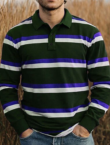  Voor heren Horizontale stroken Rugbypolo Lange mouw Poloshirt Overhemden met kraag Casual Buiten Sportkleding 3D-afdrukken Lente Herfst Rood Paars Bruin