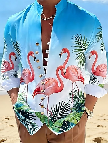  Homme Flamant rose Oiseau Feuille de palmier Chemises hawaïennes Chemise Aloha Chemise à col montant manche longue Hawaïen Vacances à la Plage Été Printemps Col mandarin Band Collar Impression 3D