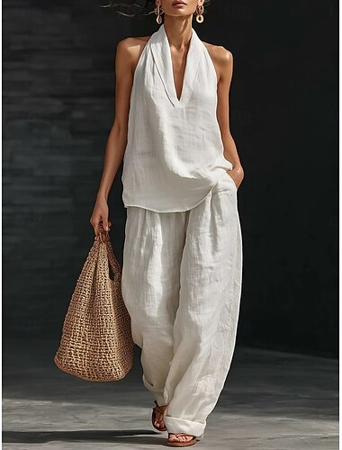  Damen Zweiteilige Sets Weste Hosen-Sets Ärmellos Neckholder Einfach Mode Streetwear Lässig Täglich Outdoor Blau Schwarz Weiß Sommer Normale Passform