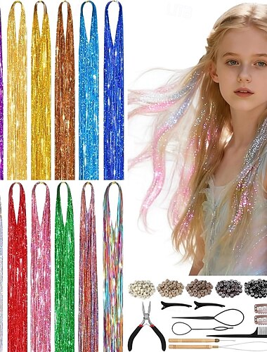  hårglitterkit för flickor, 14 färger 48 tum älvhårglitterkit värmebeständig färgglad glitterhårförlängning med verktyg för festkonsert