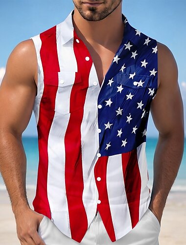  Homme 4 juillet, 250e anniversaire des États-Unis Drapeau américain Chemise Chemise Boutonnée T-shirt sans manches Sans manches Patriotique Fête Été Printemps Col Rabattu Deux poches avant Blanche