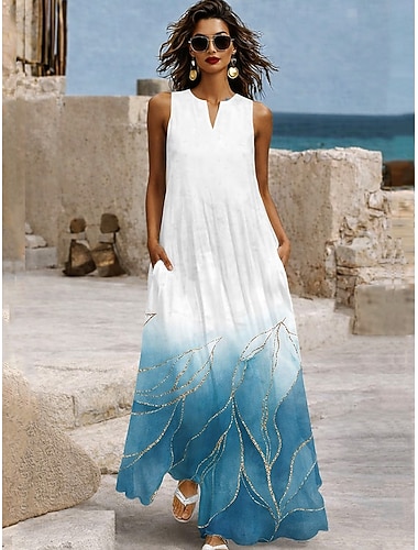  Damen Maxikleid Sommerkleid A Linie Kleid Urlaub Lässig Boho Täglich Ferien Lässiger Schnitt Blumen Grafik Ärmellos V Ausschnitt Weiß Sommer Frühling