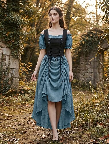  Middelalderkostumer Renæssance Fe Kjoler Korte ærmer Prinsesse Fe Blondér Firkantet hals Udklædning Dame Fantasi Halloween Karneval Maskerade Renæssancemesse Retro-temafest Voksne Kjole