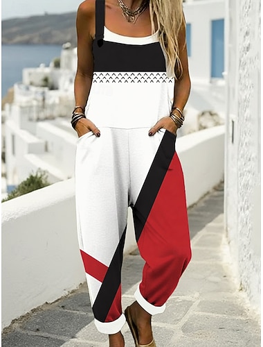  Damen Overall Aktiv Geometrisch Ärmellos Ärmellos Quadrathals Tasche Druck Täglich Urlaub Lässiger Schnitt Weiß Sommer