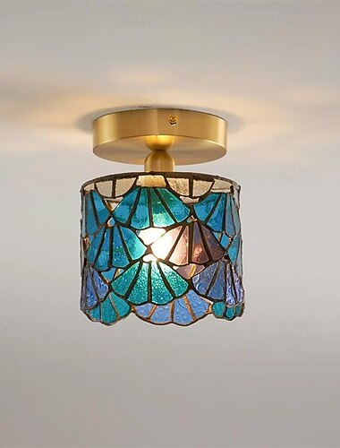  Lámpara colgante retro de vidrieras, lámpara de techo cilíndrica azul con diseño de agua para isla de cocina, lámpara de techo vintage ajustable de latón