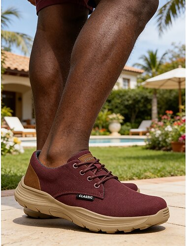  herresko i kanvas med snøring, myk polstret såle, slitesterke utendørssko for turgåing, reiser og uformelle sommeraktiviteter