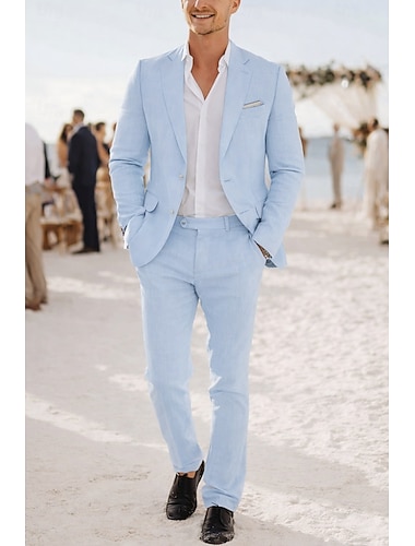  Uomo Completi in Lino Matrimonio in Spiaggia Bianco Azzurro cielo Primavera & Estate Tuta Bavero classico Formale Tinta unita Vestibilità aderente 2 pezzi Monopetto Due Bottoni